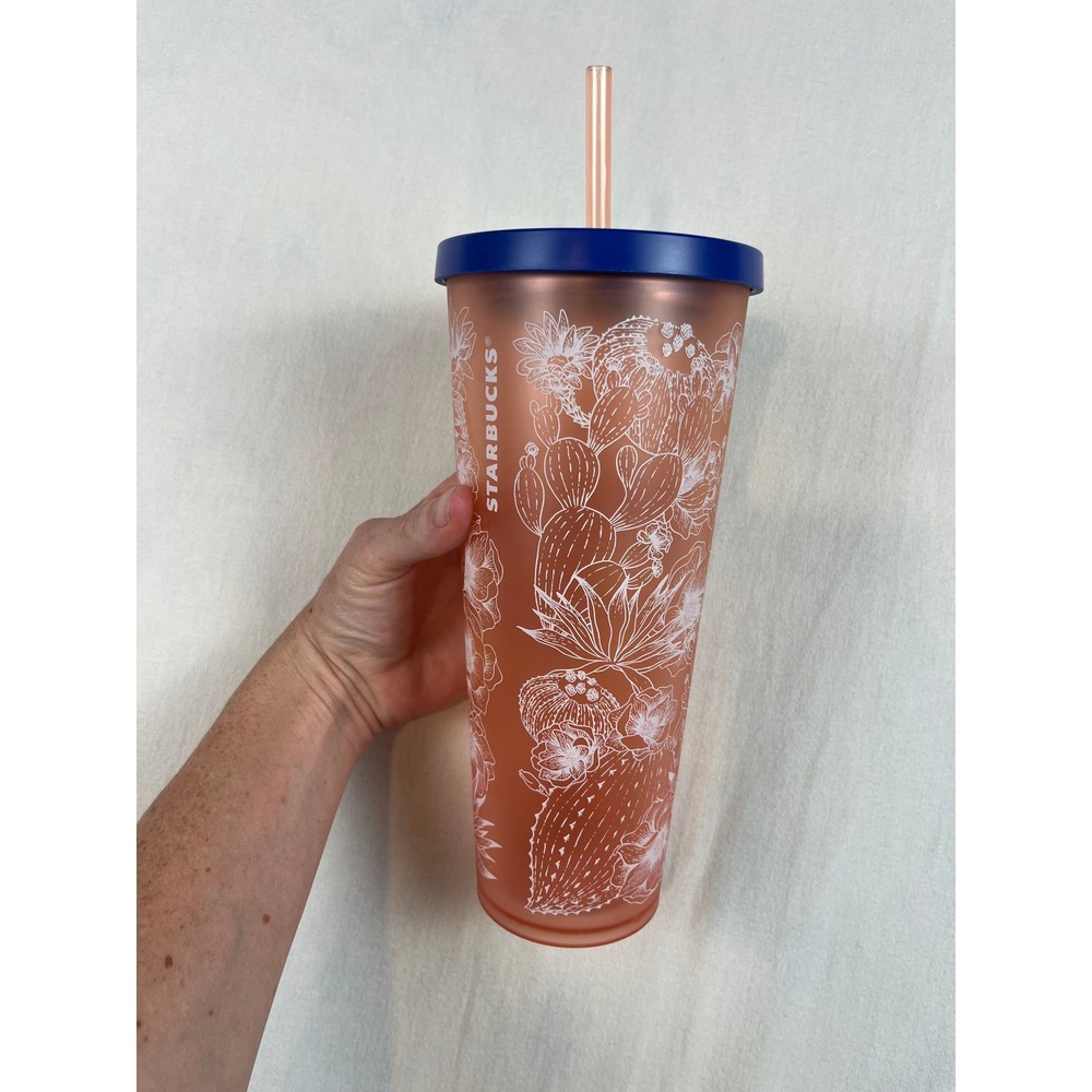 Starbucks 24oz Venti Cold Cup Tumbler Coral Peach Cactus Desert Flower Navy Lid